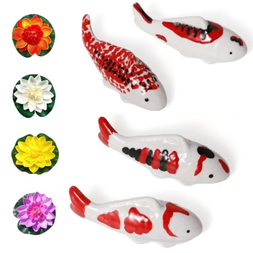 Image of 4PCS Ceramic Floating Koi Fish 4PCS Lotus Flowers Koi Pond Accessories Pond Decor Floating Aquarium Decor Birdbath Decor【Red Collection】