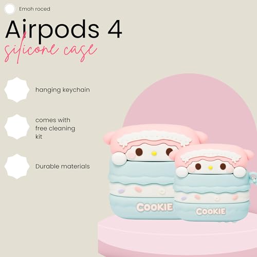 Image of Emoh Roced Case for AirPodS 4 (2024) with Keychain (ANC), Cute Cartoon Shockproof Protective Cover Compatible with Apple AirPods 4th Generation 2024 for Women and Boys (Cookie)