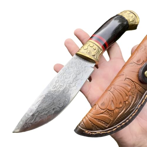 Obespina Cuchillo de Caza de Damasco Forja a Mano Estilo Japonés - Hoja fija con mango de madera y funda de piel