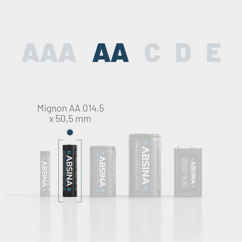 ABSINA Pilas Recargables AA 2900 NiMH 1,2V & mín. 2650mAh | Pack de 16 pilas recargables AA para dispositivos de alto consumo – Baterías AA para flash, Wii & Xbox Controller