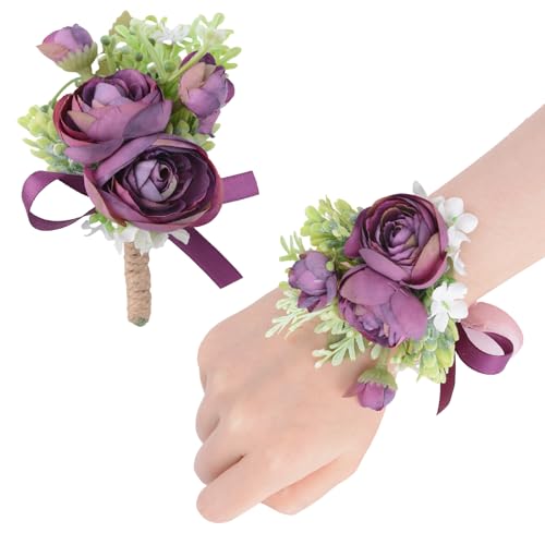 URROMA 2個 リストコサージュ ブートニアセット ダークパープル 人工コサージュフラワー ブレスレット ブートニア 卒業式 プロム ブライダル ウェディング パーティー用