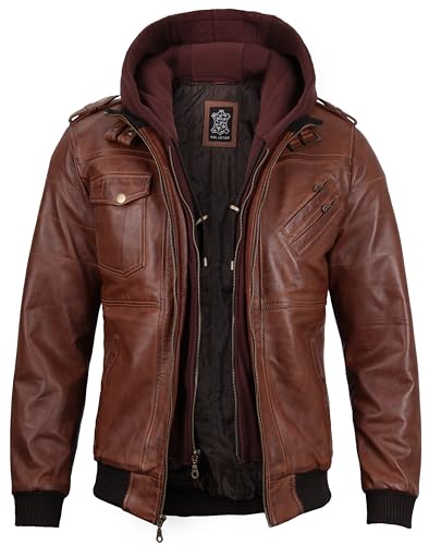 Image of Blingsoul Mens Hooded Leather Jacket with Removable Hood, Biker Style Real Bomber Leather Jacket Men Wind Resistant Outerwear