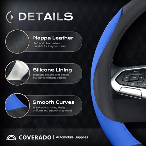 Image of Coverado Car Steering Wheel Cover, Nappa Leather Black & Blue Steering Wheel Covers for Women, Universal 14-15 inch, Anti-Slip, Breathable Steering Wheel Protector