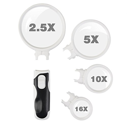 Magnifying Glass with LED Lights,Includes 4 Lens(2.5X,5X,10x,16x) Handheld magnifer Loupe for Hobby, Reading,Crafts,Macular