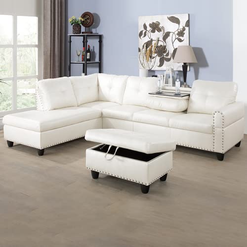 97" Wide Rivet Designed L-Shaped Sofa Set 3 Pieces Faux Leather Couch and Chaise with Extra Storage Ottoman for Living Room/Office/Apartment (Left-Hand Facing, White)
