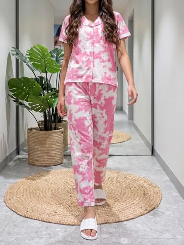 Image of Li'l Tomatoes Girls 100% Cotton Night Suit Set | Half Sleeve Shirt & Pyjama Set | Soft & Breathable Sleepwear | Casual Summer Wear | 9-16 Years