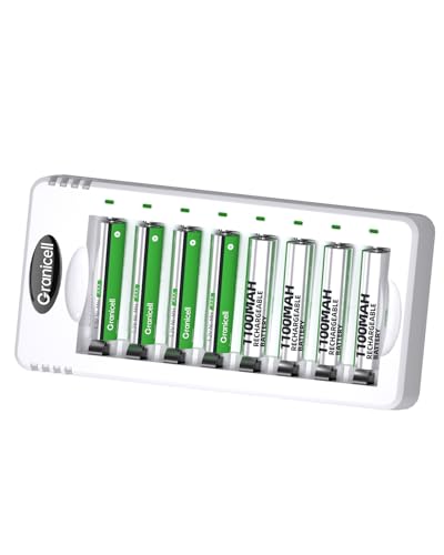 Granicell Rechargeable AAA Batteries with Charger 8 Pack 1100mAh Low Self Discharge Triple A Batteries with 8 Bay AA AAA Smart Battery Charger for Ni-MH Ni-CD Independent Slot
