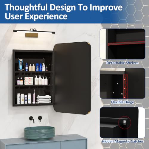 Image of ACEMIRO 20x28 Inch Black Recessed Bathroom Medicine Cabinet with Mirror Metal Framed Farmhouse Surface Wall Mounted Mirrored Bathroom Medicine Cabinets