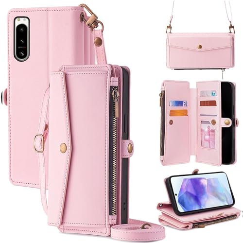 For Xperia 5 IV �P�[�X ���z�^ For �G�N�X�؃��A 5 IV SO-54C/SOG09/A204SO �蒠�^ �V�����_�[ �X�g���b�v��+�Z2�{ 5���J�[�h���[ 1���̎ʐ^���[�X�^���h�@�\ 1���̌������[ 1�̃W�b�p�[�|�P�b�g �h���E�h�R