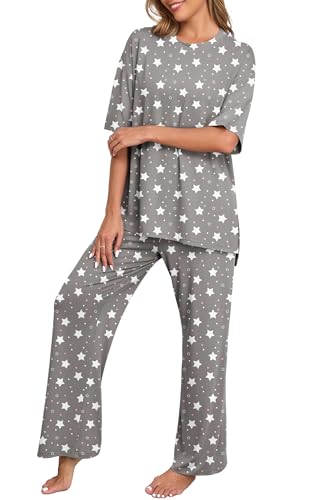 Image of PrinStory Womens Pajamas Sets 2 Piece Lounge Set Short Sleeve Tops and Long Pants Soft Pjs Loungewear with Pockets