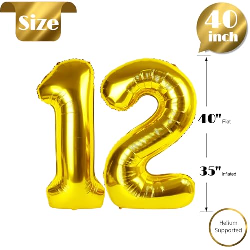 Image of Gold Number 12 Balloon 40 inch, 12 Number Balloons, 12th Gold Birthday Decorations, 12 Year Old Golden Party Supplies