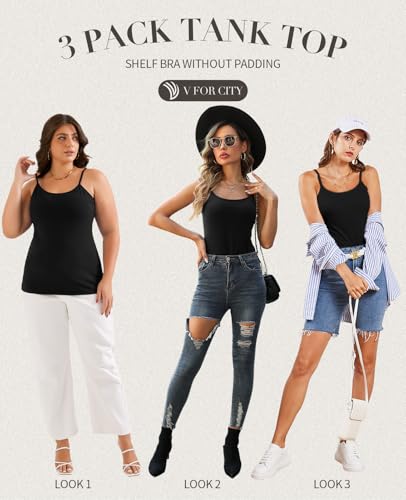 Image of V FOR CITY Unpadded Tank Top for Women with Shelf Bra Cotton Camis 3 Pack