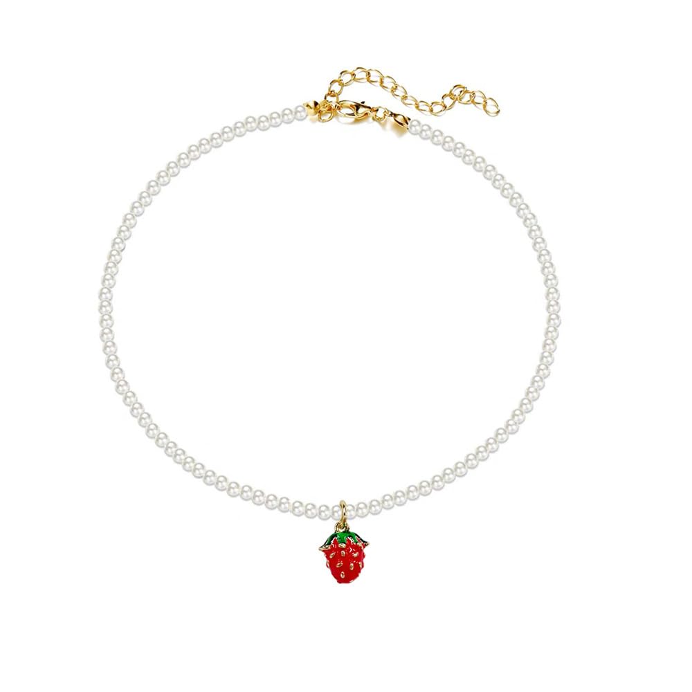 Cute Strawberry Pearl Beads Chain Choker Necklace for Women Gold Sweet Adorrable Pearls Beaded Clavicle Necklaces Lovely Fruit 3D Enamel Pendant Fresh