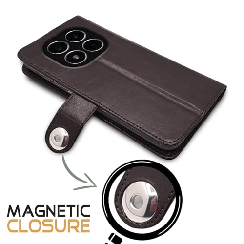 Image of Pikkme Flip Cover Leather Finish | Inside TPU with Card Pockets | Wallet Stand and Shock Proof | Complete Protection Button Flip Case for Redmi Note 14 Pro /Redmi Note 14 Pro Plus 5G(Coffee)