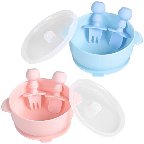 Image of TILLYOU Silicone Bowl Set, Baby Toddler Self-Feeding Proof Silicone Bowl for Child-Best Suction Bowls with Silicone Lid, Fork, Spoon, BPA-Free, 2 Pack (Pink, Blue)