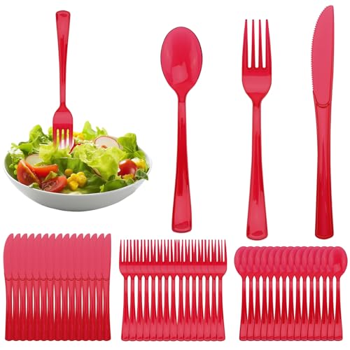 Erzekrim 90 Stück Wiederverwendbaren Besteck Set Party Besteck Set Mit Gabeln Messer Und Löffel Reusable Für Familienfeiern, Hochzeiten, Geburtstagsfeiern, Outdoor Dinne(durchscheinendes Rot)