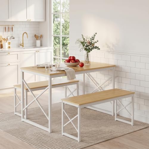Image of VECELO 43.3 inch Kitchen Dining Table Set for 4, Heavy-Duty Steel Frame & Wood-Grain Tabletop, Space-Saving Dinette Sets with 2 Benches for Breakfast Nook and Small Space, Natural Wood