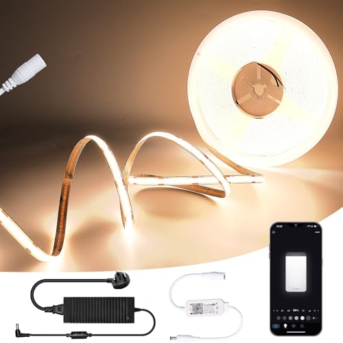 Brillistep WiFi Cob Led Strip Light 10M Warm White 3000K 24V, Dimmable Led Strip Set with APP Control, 10m Led Tape Light Kit 384LEDs/Meter for Home Decoration