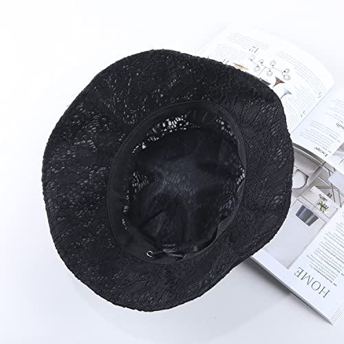 Mulimu Women Summer Fashion Floral Lace Bucket Hat Beach Sun Hat Vacation Travel Accessories (Black) #TOP6