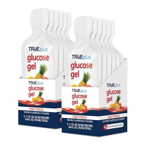 TRUEplus Glucose Gel Pouch Fruit Punch Flavor 15g Fast-Acting Carbohydrates Per Serving Fat Free Gluten Free Boost Energy 12 Pack