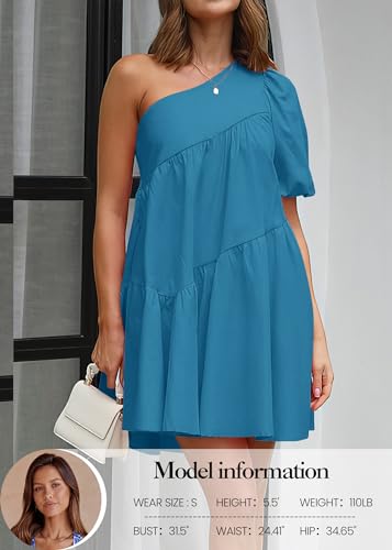 Image of KIRUNDO Summer One Shoulder Mini Baby Doll Dresses Women 2026 Casual Puff Sleeve Loose Tiered A Line Flowy Short Dress