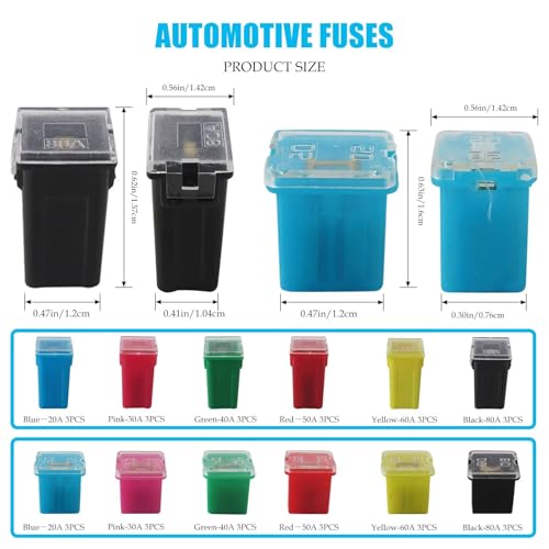 Kit de 36 fusibles automotrices Vicue: 18 perfil alto y 18 perfil bajo, calificaciones de 20 A, 30 A, 40 A, 50 A, 60 A y 80 A, empaque de caja miniatura 3