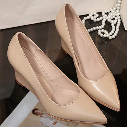 ANUFER Womens Genuine Leather Pointed Toe 5.5CM/8CM Wedge Heel Pumps Office Work Court Shoes3