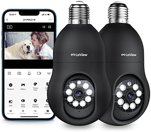 LaView 4MP Bulb Security Camera 2.4GHz,360° 2K Security Cameras Wireless Outdoor Indoor Full Color Day and Night, Motion Detection, Audible Alarm, Easy Installation, Compatible with Alexa (2 Pack)