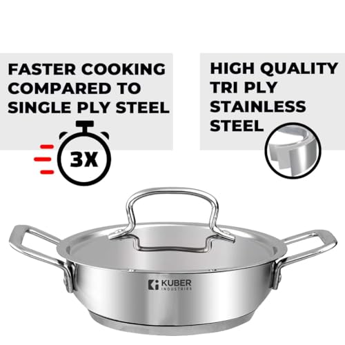 Image of Kuber Industries XtraDeluxe Deep Frying 2.2 Liters Triply Stainless Steel Kadai for Cooking with Lid | Induction Compatible Kadhai /Cookware for Kitchen | Has Cold-Touch Handles | SS - Silver