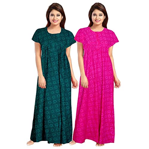 Image of Nighty for Women Cotton Printed Maxi Gown Ankle Length Nighty Night Dress Gown for Women Maxi - Free Size (Pack of 2)