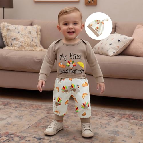 My First Thanksgiving Baby Boy Outfit Newborn Turkey Long Sleeve Romper And Pants With Hat 3Pcs Thanksgiving Outfits2