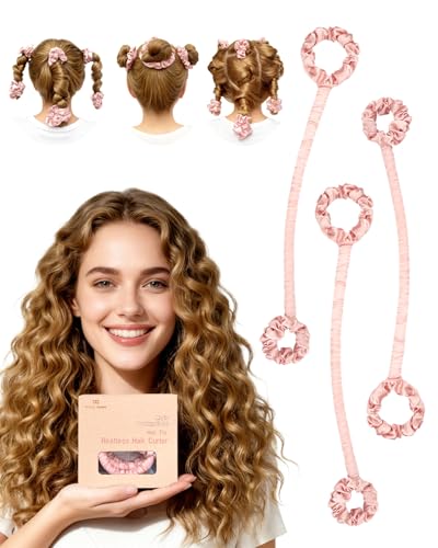BONNET QUEEN Bigodini Morbidi per Dormire Satin Bigodino Lungo per Boccoli Arricciacapelli Senza Calore Hair Curler Heatless Curls con Scrunchie, Piccolo Lungo 30cm, 3PZS, Rosa Crema