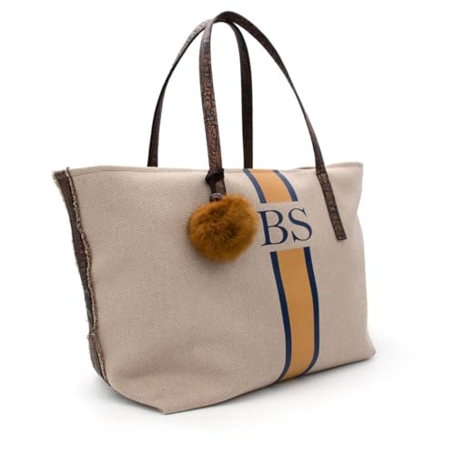 Variante de SARA REVERT bolso personalizado Lona Beige-Azul 50×28×19 cm