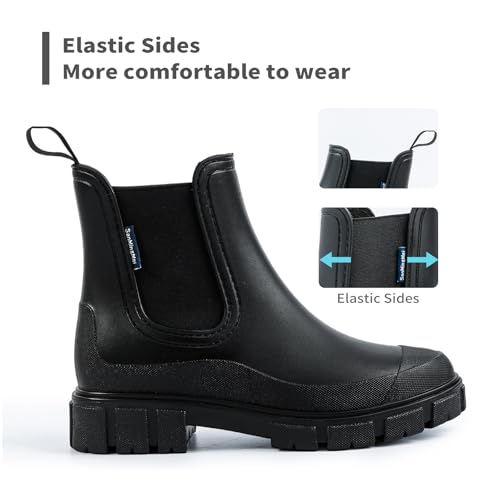 DRECAGE Gummistiefel Damen Wasserdicht Stiefel Damen Halbhoch Ankle Chelsea Boots Stylisch Stiefeletten mit Rutschfest Sohle Schwarz 36