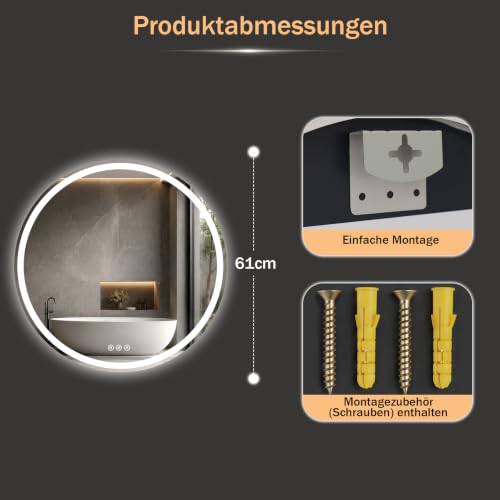 XRAMFY Badspiegel mit Beleuchtung 60cm*60cm, Antibeschlag, Rund Badezimmerspiegel mit Beleuchtung LED, 3 Lichtfarben, Dimmbar – Ansicht 2