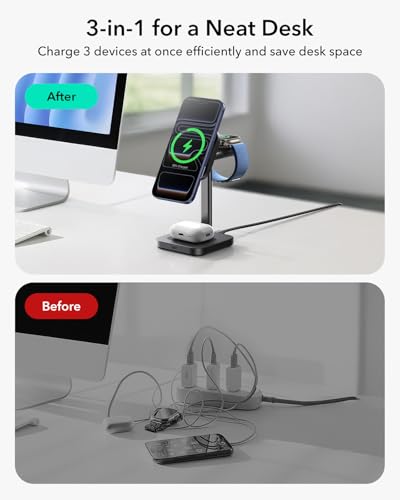 Image of ESR for 3 in 1 Charging Station, Qi2.2 Certified 25W MagSafe Charger Stand with CryoBoost, Phone-Cooling Fast Charging Station, for iPhone 17 /16 with iOS 26, AirPods, Apple Watch, Black