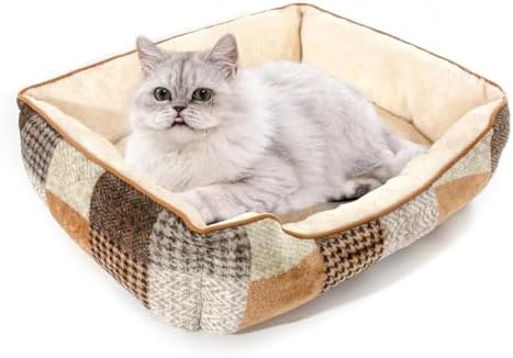 （18:00時点） JEMA ペットベッド 猫ベッド 犬 クッション ペットソファー 小型/中型犬用 猫用 モチモチ3D綿 ふわふわ 暖か 通年 洗える 滑りにくい裏生地 フランネル L チエック ブラウン 外径60x50x18cm