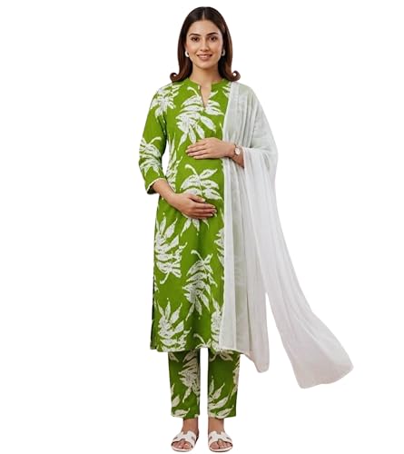 Image of DUMMY SHAPE Feeding Kurtis for Women Cotton Blend | Floral Kurta Pant Dupatta Set with Nursing Zippers to Pre & Post Partum | Maternity Dresses | Mom to Be Gifts for Pregnant Woman