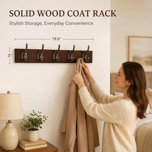 Wall-Mounted-Coat-Rack-with-Solid-Wood-5-Bronze-Metal-Hooks--196-Inch-Rustic-Brown-Entryway-Organizer-for-Hanging-Coats-Hats-Jackets-Scarves-Bags-for-Hallway-Bedroom-Bathroom5Hooks