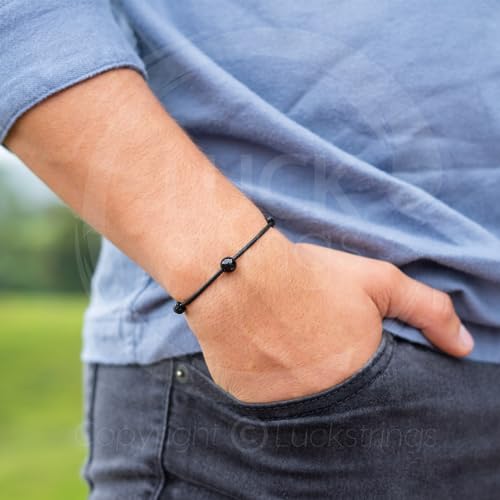 Luck Strings Gemstone Bead Wax Cord Bracelet for Men Women Unisex - Lapis Lazuli Carnelian Tigers Eye Black Tourmaline Rose Quartz Clear Quartz Amethyst Aventurine Beaded Bracelets (Tourmaline)2