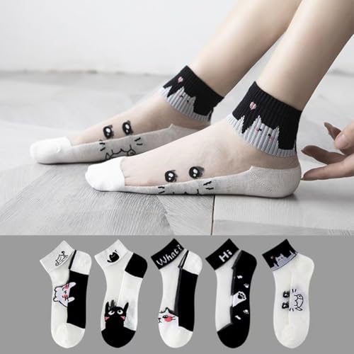 Image of Women Sheer Mesh Ankle Socks Thin Nylon Transparent Novelty Black White Cat Sock 5 Pack for Girls