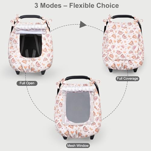 Image of FIOBEE Baby Car Seat Cover, Car Seat Covers for Babies Infant Car Seat Canopy with Breathable Mesh Window Waterproof Carseat Cover for Babies Boy Girl 4 Seasons, Brown Rainbow