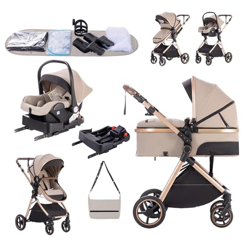 Zkipm Poussette 3 en 1 avec isofix Base, Poussette Combinée Portable Pliant en Un Clic, Réversible Siège Inclinable，Moustiquaires, Housses de Pluie,...