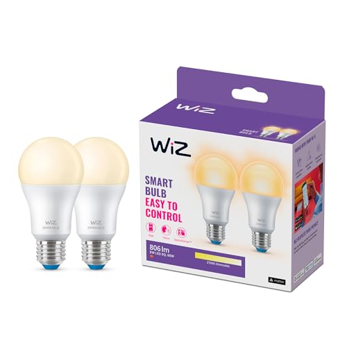 WiZ Lampadina Smart WiFi, Luce Bianca Calda Dimmerabile, 2 pezzi, E27, 8W, Tecnologia SpaceSense, Controllo Vocale (Alexa, Apple HomeKit, Google Home)