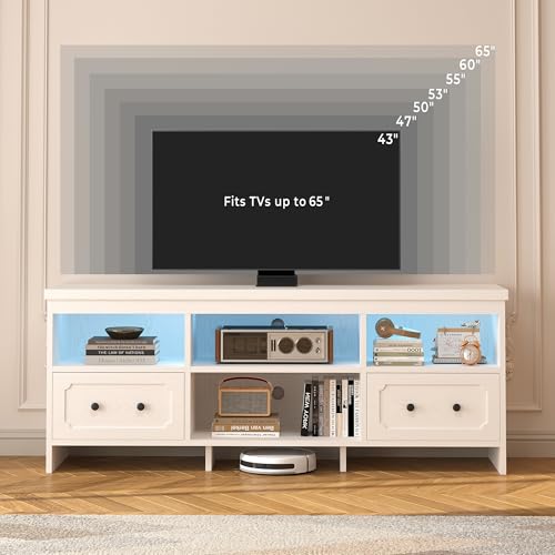 IRONCK TV Stand for 65 Inch TV, 63" LED Entertainment Center with Storage Cabinets, Power Outlets and Open Shelf, Media Console TV Cabinet with Drawers for Living Room, White