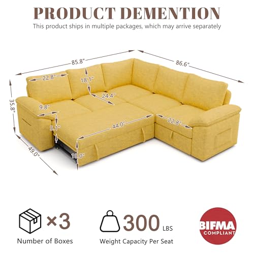 Image of 85 Inch Modular Sectional Sofa with Pull Out Bed, L Shaped 5 Seat Sectional Sleeper Sofa with Storage, Sectional Couches for Living Room, Cloud Modular Couch,Removable Sofa Cover,Yellow