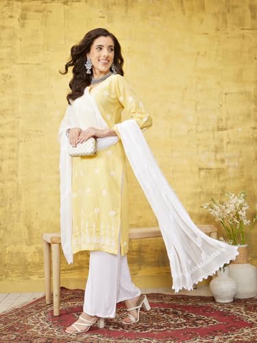 Ada Hand Embroidered Indian Chikankari White Chiffon Dupatta Stole for Women A5112164