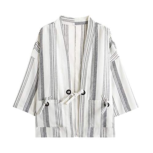 Image of Mens Japanese Kimono Cardigan Cotton Linen Haori Fashion 3 /4 Sleeve Yukata | Shawl Collar Kimono Jacket Robe Embroidery Patchwork Happi Coat Tie Pockets Lightweight Outerwear Daily Casual All Seasons