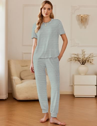 Image of Ekouaer Pajamas for Women Set 2 Pack Lounge Set Short Sleeve Pjs Joggers Long Pants Loungepwear with Pockets
