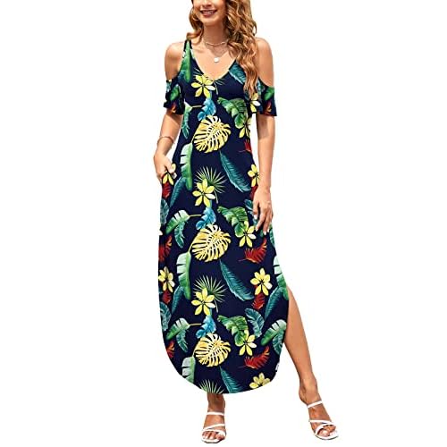 HUSKARY Women's Summer Maxi Dresses 2026 Trendy V Neck Cold Shoulder Short Sleeve Casual Loose Long Split Dress with Pockets Small Army Green